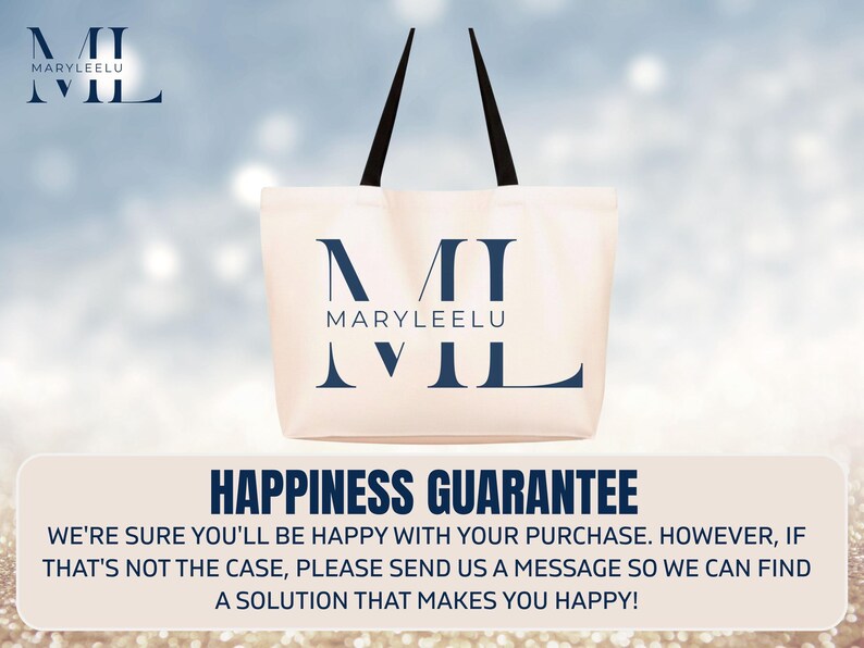 May include: A cream-colored tote bag with black handles featuring the dark blue logo and text MARYLEELU. Below the bag, a rectangular box contains the text HAPPINESS GUARANTEE followed by a message about customer satisfaction and support.