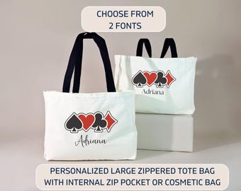 custom Playing Card Bag, Zipperd Bridge Tote, interior zip pocket, 21" x 14" card club Canvas Tote, canasta bag, cosmetic bag, makeup bag