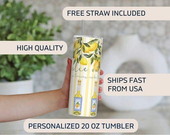 limoncello skinny tumbler, la dolce vita , lemon italian lifestyle design thermal metal cup, travel, vacation mug 20 oz | italy vacation