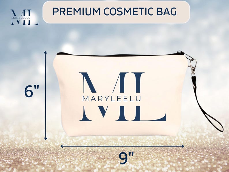 May include: A cream-colored cosmetic bag with a black zipper and a black wrist strap. The front features the dark blue text MARYLEELU and a large stylized ML monogram. Dimension arrows indicate a height of 6 inches and a width of 9 inches.
