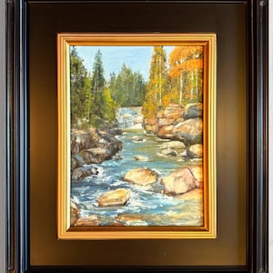 Oil on panel.   Beautiful river 9”x11”.  Original painting, signed by artist. One of a kind.