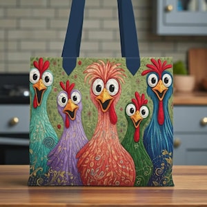 Funny Chicken Canvas Tote Bag, Colorful Hen Tote Bag, Chicken Lover Gift, Farm Chicken Bag, Cute Farm Animal Tote, Chicken Mom Gift