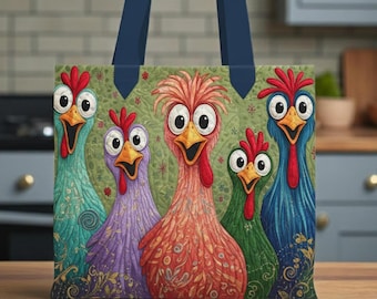 Custom Name Funny Chicken Quilted Tote Bag, Colorful Hen Tote Bag, Chicken Lover Gift, Farm Chicken Bag, Cute Farm Animal Tote, Chicken Gift
