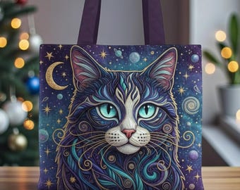 Custom Name Galaxy Cat Quilted Tote Bag, Mystic Cat Art Tote, Cat Lover Gift, Tote Bag, Personalized Tote bag