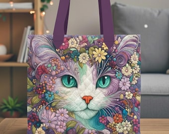Custom Name Floral Cat Quilted Tote Bag, Colorful Cat Art Tote, Flower Cat Gift, Personalized Tote Bag, Cat Lover Gift, Tote Bag for Women