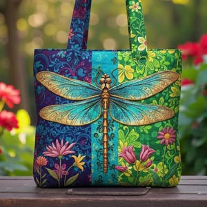 Dragonfly Tote Bag, Colorful Nature Handbag, Dragonfly Lover Gift, Floral Art Tote for Nature Lovers