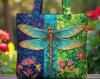 Custom Name Dragonfly Quilted Tote Bag, Colorful Nature Handbag, Dragonfly Lover Gift for Women, Floral Art Tote for Nature Lovers Gifts