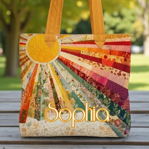 Bolsa Tote Sunburst, Bolsa Tote Patchwork Colorida com Estampa de Raios de Sol, Bolsa com Estampa Vibrante, Presente Personalizado, Bolsa Tote Artística e Vibrante