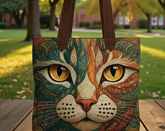 Artistic Cat Quilted Tote Bag, Colorful Cat Face Tote, Cat Lover Gift, Pattern Tote Bag, Vibrant Pet Art Tote