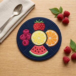 May include: A circular navy blue felt coaster featuring detailed embroidery of various fruits. The design includes a central yellow lemon slice surrounded by a red strawberry, a cluster of pink raspberries, an orange slice, and a watermelon wedge.