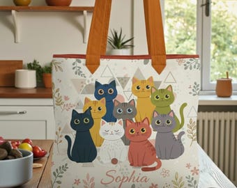 Custom Name Cute Cats Quilted Tote Bag, Colorful Cat Lover Gift, Multi Cat Pattern Tote, Personalized Cat Mom Tote, Adorable Tote Bag