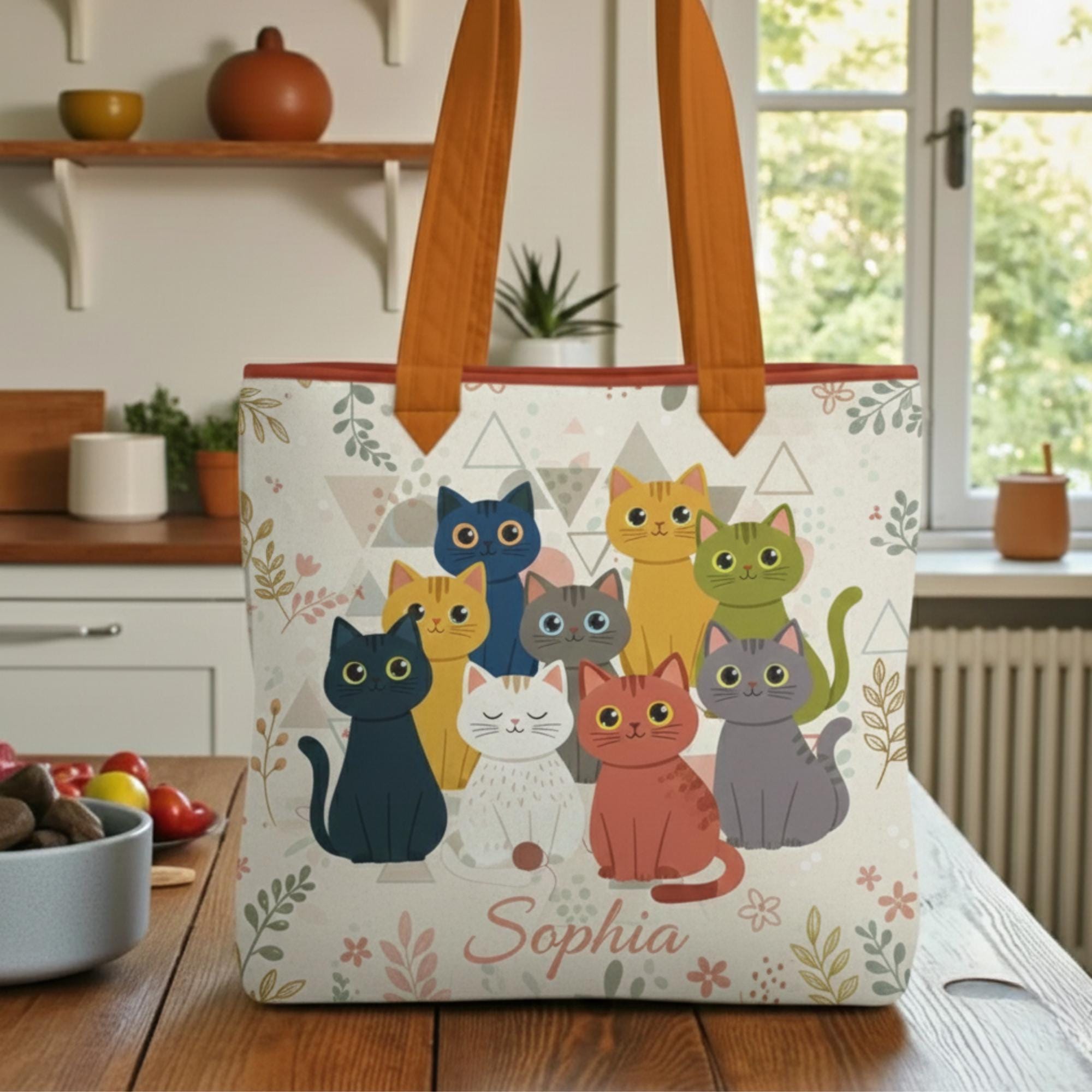 Custom Name Cute Cats Quilted Tote Bag, Colorful Cat Lover Gift