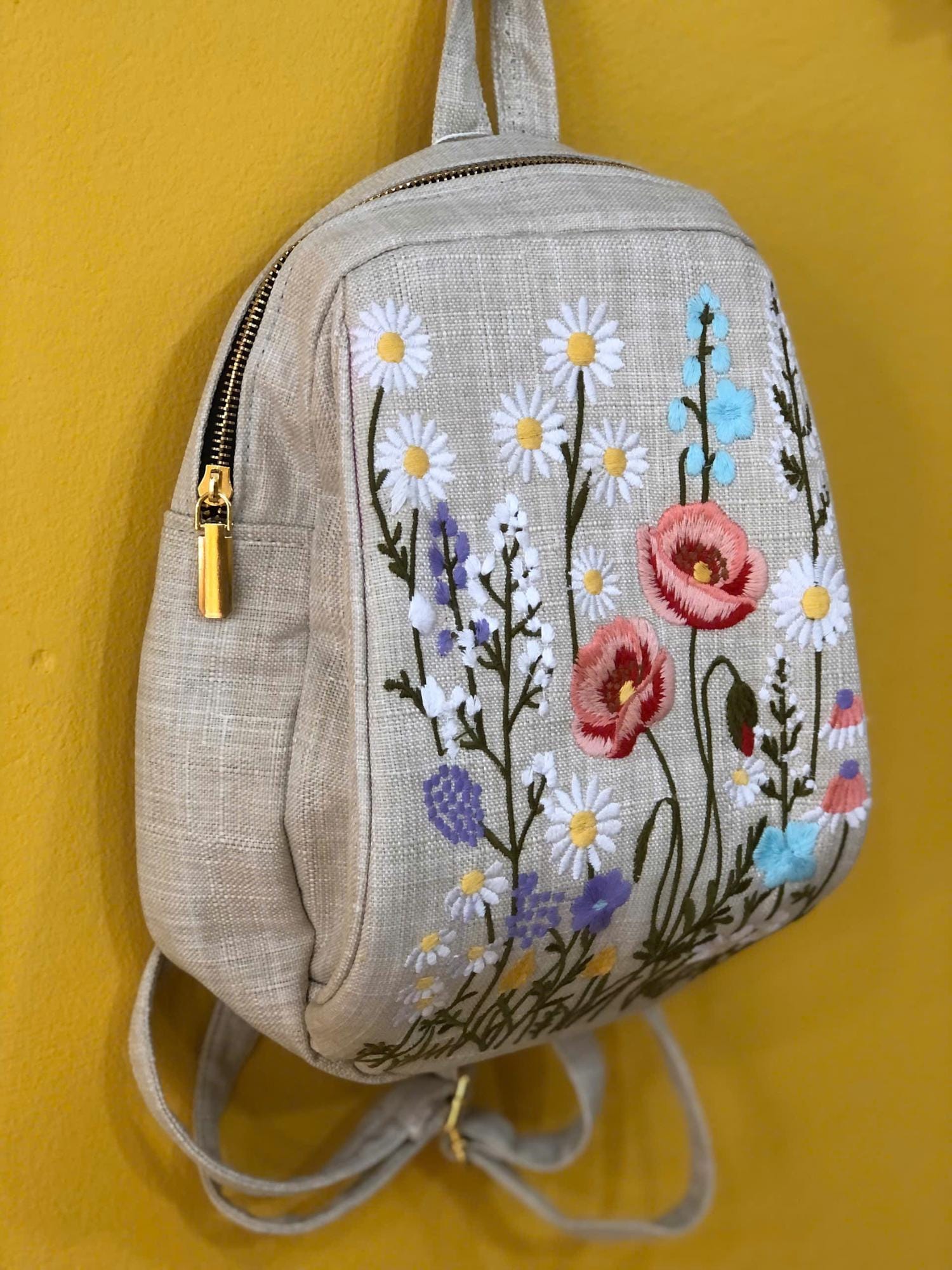 Embroidered Floral Mini Backpack, Wildflower Canvas Backpack, Cute ...