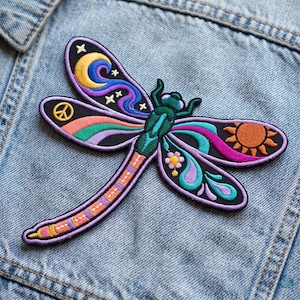 Custom Psychedelic Dragonfly Embroidered Patch, Colorful Hippie Iron On Patch, Groovy 70s Boho Insect Applique, Festival Jacket Gift