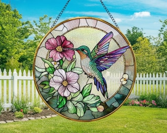 Kolibri Buntglas Suncatcher mit Goldrahmen - Vogel Fensterschmuck - Natur Glasdekor Geschenk