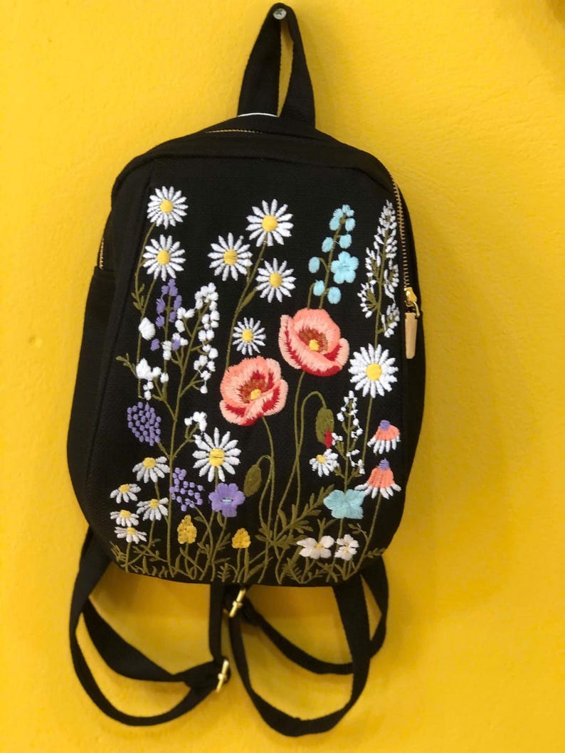 Embroidered Floral Mini Backpack, Wildflower Canvas Backpack, Cute ...