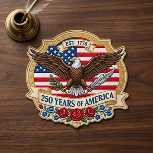 May include: A decorative emblem featuring a bald eagle with wings spread over an American flag background. The design includes a banner with the text EST. 1776 and 250 YEARS OF AMERICA, accented by red roses, blue flowers, and green leaves.
