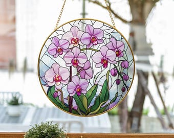 Orchid Stained Glass Suncatcher with Gold Frame – Purple Floral Window Hanging – Elegant Botanical Glass Art Gift