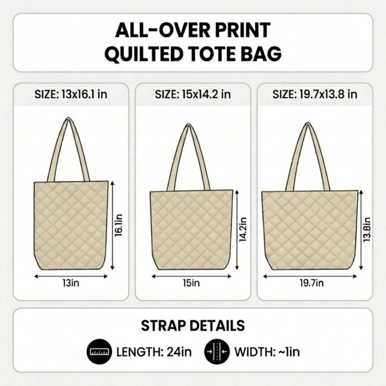 May include: An illustration of three beige quilted tote bags with varying sizes: 13x16.1 inches, 15x14.2 inches, and 19.7x13.8 inches. The bags have a diamond pattern and long straps. The strap length is 24 inches, and the width is approximately 1 inch. Text reads "ALL-OVER PRINT QUILTED TOTE BAG."