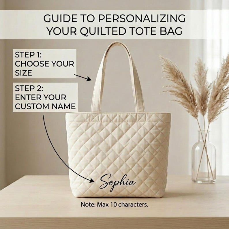 May include: A cream-colored quilted tote bag with a diamond pattern. The bag has two handles and the name "Sophia" is printed on the front. Text on the image reads "Guide to Personalizing Your Quilted Tote Bag" and "Note: Max 10 characters."