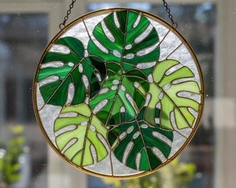 Monstera Leaf Stained Glass Suncatcher with Gold Frame – Tropical Plant Window Decor – Botanical Glass Gift