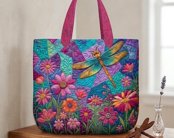 Aangepaste naam kleurrijke vlinder gewatteerde draagtas, bloementuin handtas, natuurliefhebbers cadeaus voor vrouwen, bloem botanisch cadeau, gepersonaliseerd