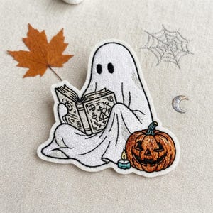 Custom Name Embroidered Ghost Patch for Holiday, Halloween Decor, Reading Lover Iron On Gifts, Book Jacket Hat Gift for Her, Pumpkin Lovers