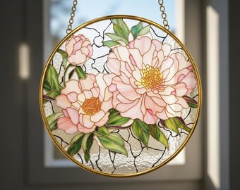 Peony Stained Glass Suncatcher with Gold Frame – Pink Floral Window Hanging – Elegant Botanical Glass Art Gift