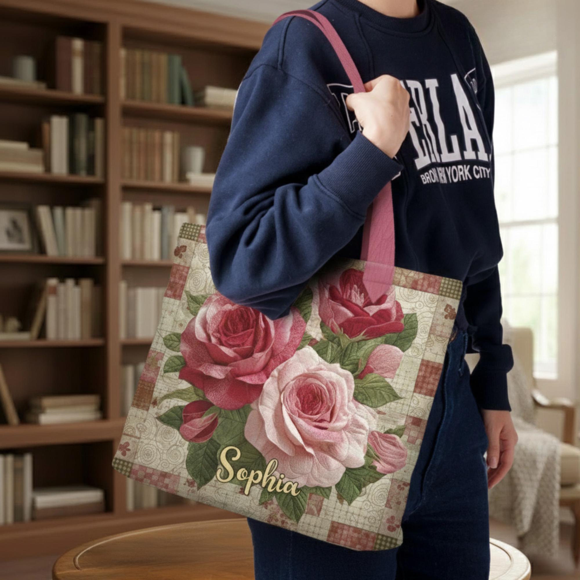 Custom Name Rose Quilted Tote Bag, Vintage Pink Floral Handbag, 3D