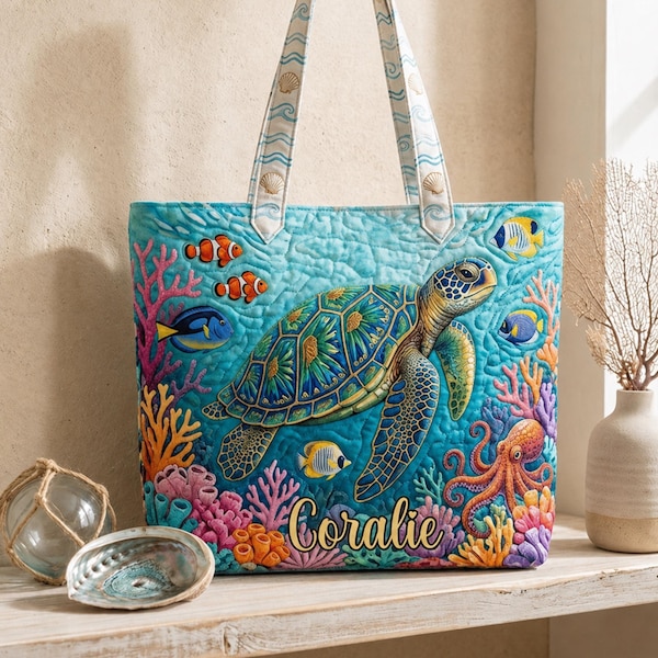Benutzerdefinierte Name Schildkröte Liebhaber gesteppte Einkaufstasche Geschenke für Frauen, Ozean-Handtasche, tropisches Geschenk für sie, personalisierte Tierliebhaber Geschenke