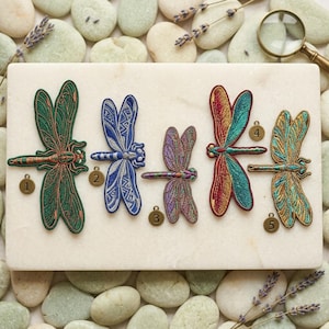 May include: Five embroidered dragonfly patches arranged in a row, each labeled with a small numbered bronze charm. The patches feature intricate thread work in green, blue, purple, red-gold, and teal-gold color combinations with detailed wing patterns.