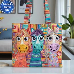 カラフルな馬のトートバッグ、かわいい馬のトリオトート、漫画の馬好きへのギフト、明るいパッチワークトートバッグ、楽しい動物のトートバッグ