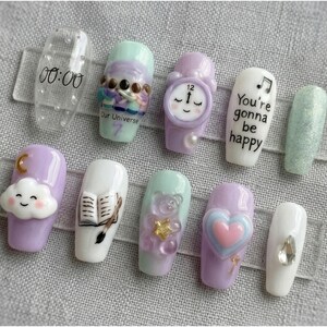 Midnight Healing Press On Nails, Cute Pastel Music Theme with 3D Charms, Dreamy Lavender Mint Gel Nails, Handmade Aesthetic Nail Set
