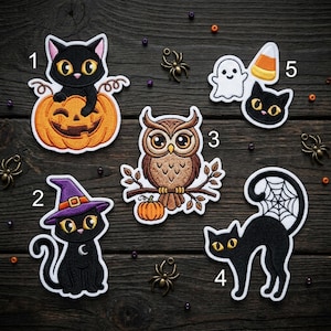 May include: Five embroidered Halloween patches labeled 1 through 5. Patch 1 is a black cat in a pumpkin. Patch 2 is a black cat with a purple witch hat. Patch 3 is an owl on a branch with a pumpkin. Patch 4 is a black cat with a spiderweb tail. Patch 5 is a ghost and a candy corn.
