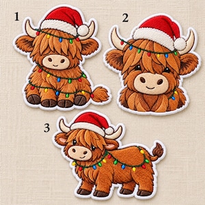 May include: Three embroidered patches featuring brown Highland cattle wearing red and white Santa hats and wrapped in colorful Christmas light strings. The patches are numbered 1, 2, and 3, showing the cattle in different poses.