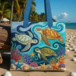 May include: A blue tote bag featuring a colorful underwater scene with three sea turtles, coral, starfish, and seashells. The bag has blue handles and is set against a beach backdrop with palm trees and ocean.