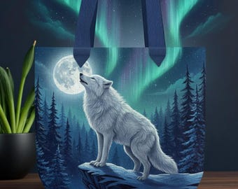 Custom Name Wolf Quilted Tote Bag, Wolf Under Moon Tote, Northern Lights Bag, Wilderness Nature Gift, Wolf Lover Tote, Artistic tote Bag