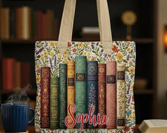 Benutzerdefinierte Name Buchliebhaber gesteppte Tasche, Vintage Buchrücken Handtasche, Blumentasche für Leser, personalisierte Bibliothek Tasche, Geschenk für Lehrer