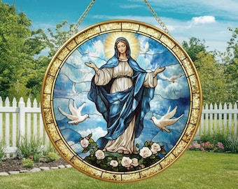 Attrape-soleil Vierge Marie en vitrail avec cadre doré - Décoration de fenêtre catholique - Cadeau d'art religieux chrétien en verre