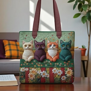 Op de afbeelding: Gewatteerde draagtas met vier gestileerde katten in crème, paars, oranje en blauwgroen. De katten zitten boven een rij madeliefjes en rode en groene verticale strepen. De tas heeft een groene achtergrond met een bloemenpatroon en bordeauxrode handvatten.