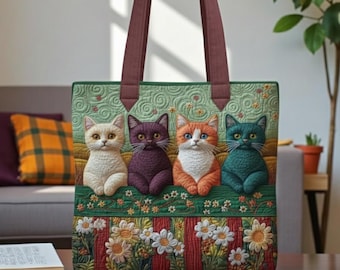 Four Cats Tote Bag, Colorful Cat Art Quilted Tote Bag, Cute Cat Lover Gift, Pattern Bag, Personalized Tote Bag, Cat Mom Gift