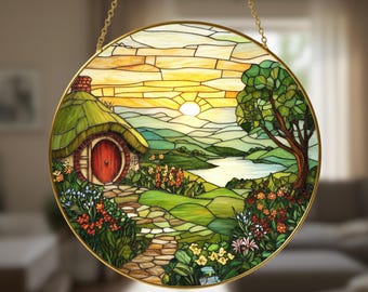 Cottage Landschaft Buntglas Suncatcher mit Goldrahmen - Gemütliche Landschaft Fensterschmuck - Natur Glaskunst Geschenk