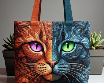 Colorful Swirl Cat Quilted Tote Bag – Rainbow Cat Face Handbag