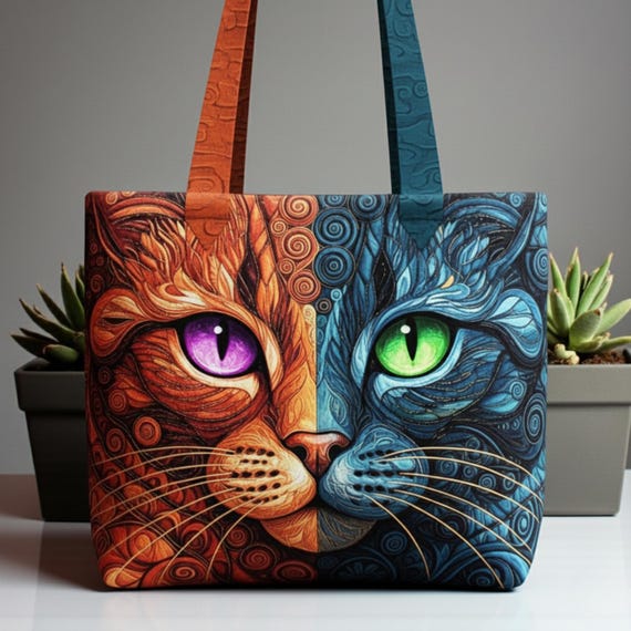 Cat Art Tote Bag, Colorful Cat Face Handbag, Artistic Tote for Cat Lovers, Gift for Cat Moms