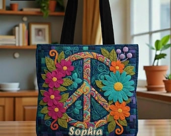 Custom Name Peace Sign Quilted Tote Bag, Floral Hippie Tote, Colorful Boho Tote Bag, Personalized Gifts for Her, Vibrant Art Tote Gift Women