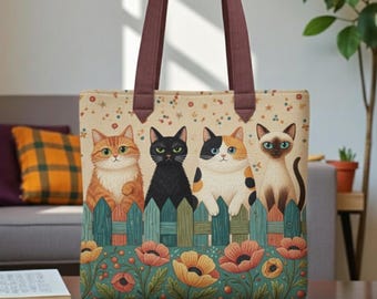 Custom anme Cute Cat Printed Quilted Tote Bag, Colorful Cats Garden Tote, Cat Lover Gift, Whimsical Cat Art Bag, Everyday Market Tote