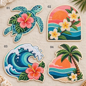 May include: Four embroidered patches featuring tropical designs: 01 shows a teal sea turtle with a pink hibiscus flower, 02 depicts a sunset with white plumeria, 03 displays a large blue ocean wave with a hibiscus, and 04 shows a palm tree at sunset.