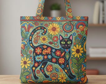 Aangepaste naam zwarte kat bloemen gewatteerde draagtas, volkskunst kattentas, kleurrijke kattenliefhebber cadeau, bloem artistieke draagtas voor vrouwen, schattige boho kattentas