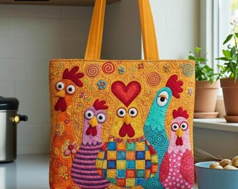 Custom Chicken Quilted Tote Bag, Funny Colorful Chicken Bag, Farm Animal Tote, Cute Hen Lover Gift for Her, Tote Market Bag, Chicken Gift