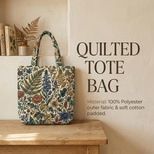May include: A quilted tote bag with a floral pattern featuring roses, ferns, and other botanical elements in shades of green, blue, and brown. The bag has a matching handle and the text "QUILTED TOTE BAG". The material is 100% polyester outer fabric & soft cotton padded.
